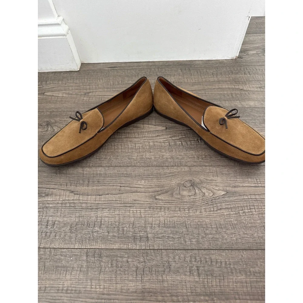 Lands End Womens Tan Suede Bow Loafers Moc Toe Flats 10B 9639S Made in Brazil